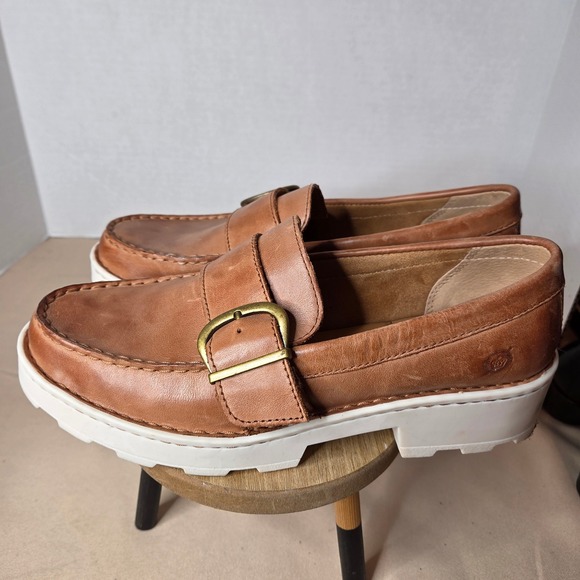 Born Shoes - Born Contessa Tan Leather Platform Loafers Buckle Strap Lug Sole Shoes Womens 9M